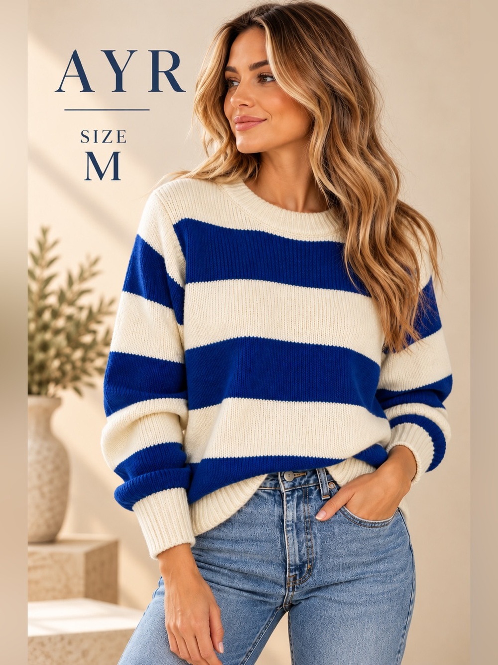 AYR Cream & Cobalt Blue Striped Crewneck Sweater Size M